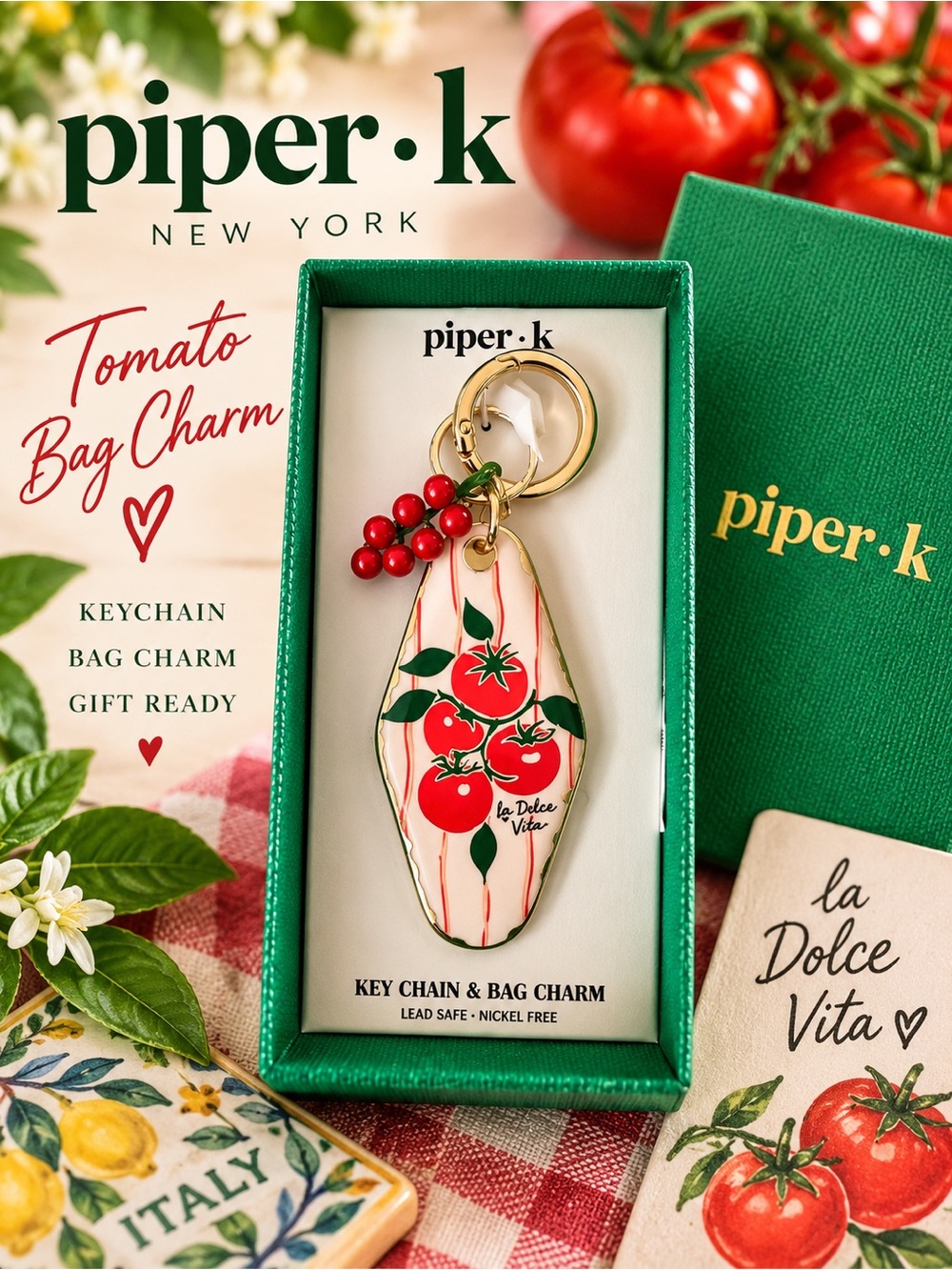 Piper K Tomato Bag Charm & Keychain with Red‎ Beads | La Dolce Vita New In Box